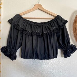 Vintage Black Lace Prairie Crop Top Boho Off Shoulder Festival